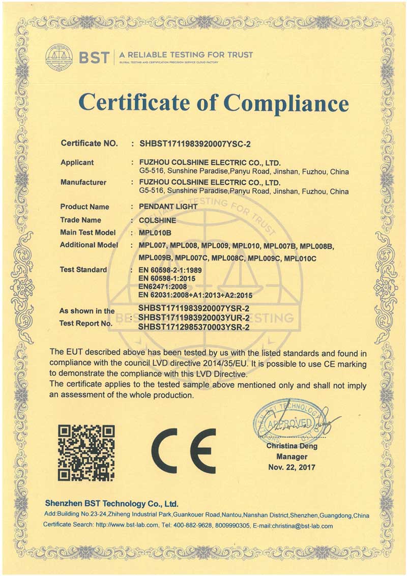 CE Certificate of  Metal Pendant Lights