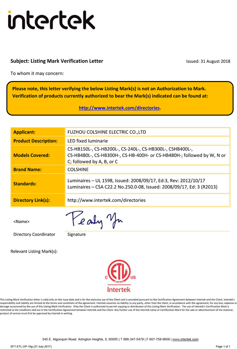ETL Certificate for LED Fixed Luminaries