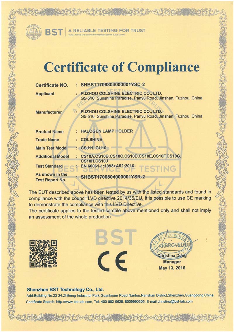 CE Certificate of GU10 Halogen Lamp Holder